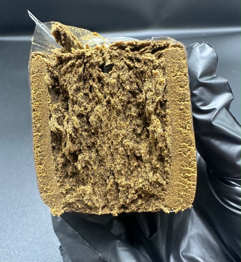 Brown block in gloved hand